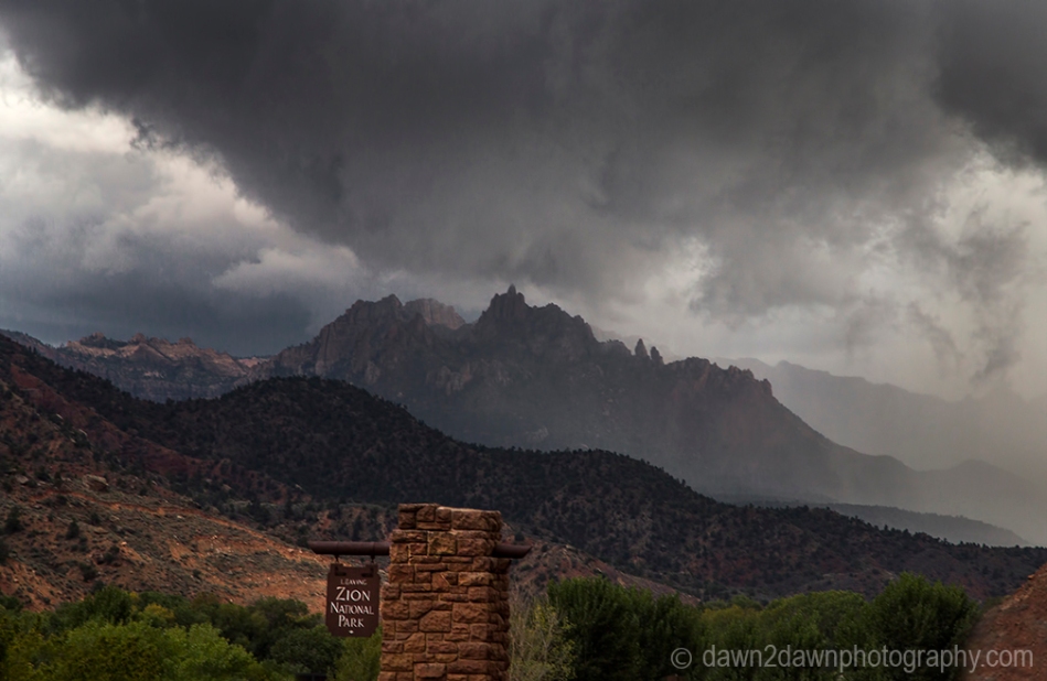 A storm approaches Zion National Park through Eagle Crags in Southern Utah