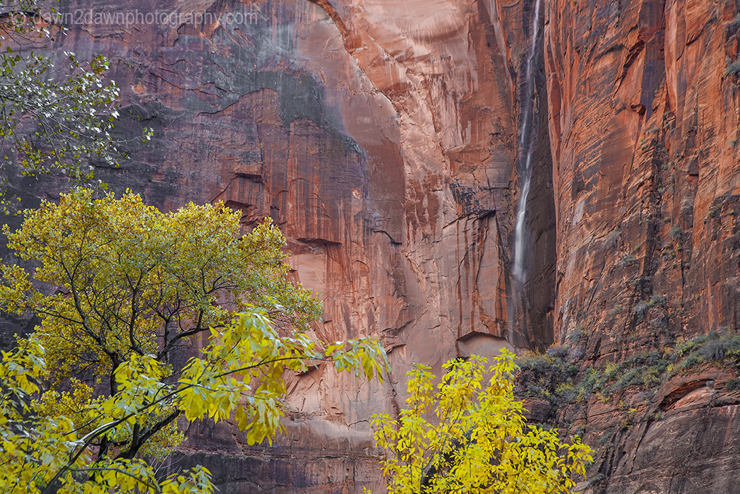 A seasonal waterfall flows from the top of Zion Canyon at Zion National Park, Utah