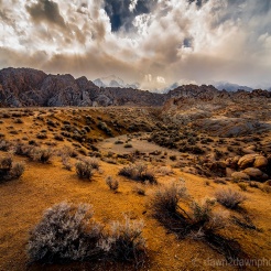 A passing storm produces fog and clouds over the Alabama Hills and the Sierras Nevadas in the Owens Valley of California