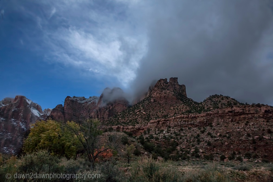 Fresh snow has fallen during autumn at Zion National Park's Towers Of The Virgin