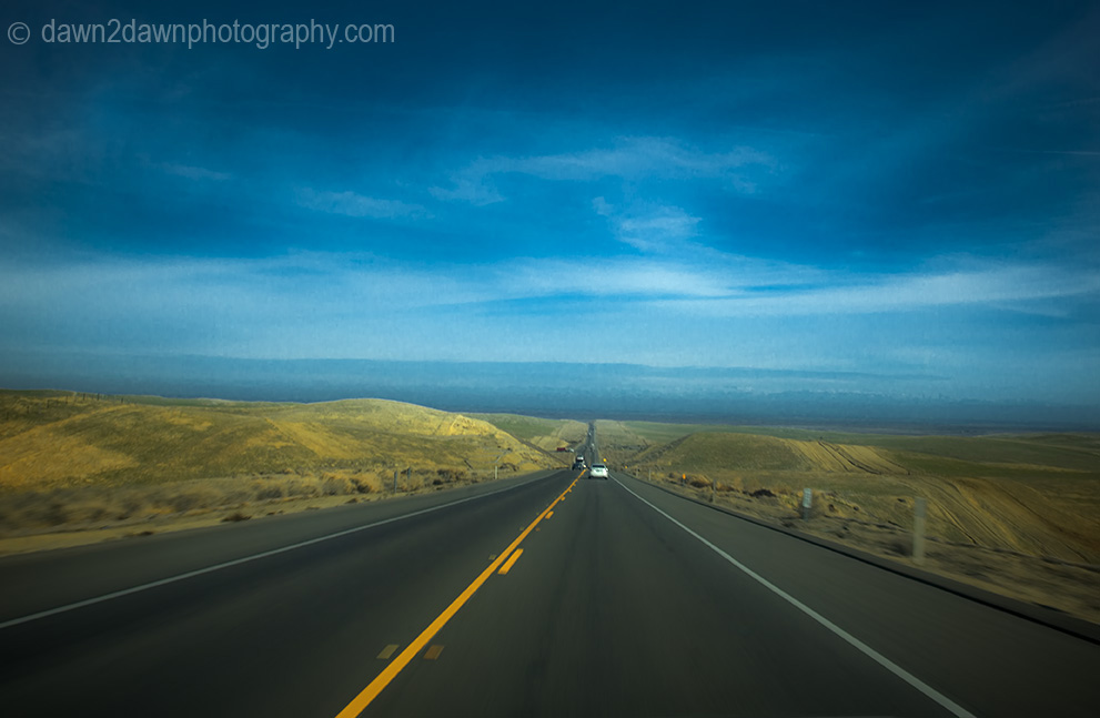 A two lane road passes through pastureland in rural California