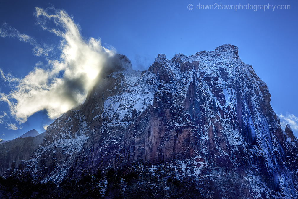 Fresh snow has fallen during winter at Zion National Park