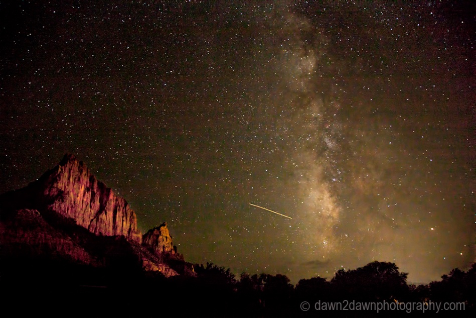 The Milky Way appears over Zion National Park on a moonless night.