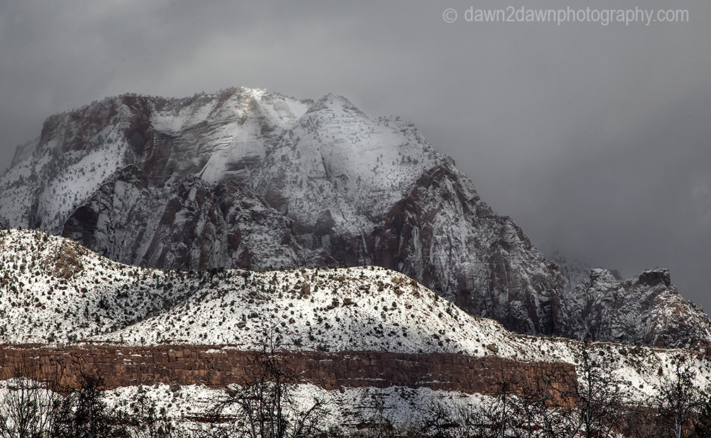Fresh snow blankets Zion National Park on Christmas morning.