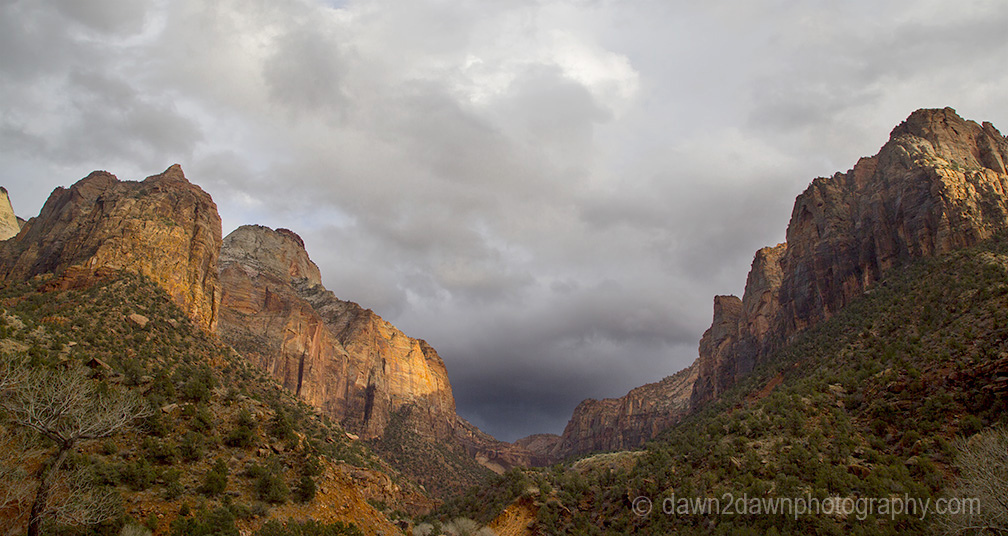 A passing rain storm produces thick clouds and fog at Zion National Park, Utah